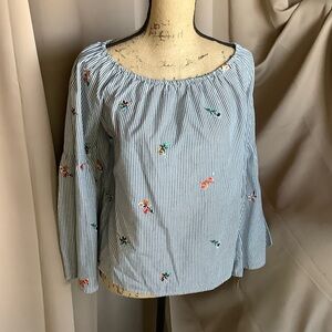 Gypsies & Moondust Blue Striped Embroidered Floral Blouse
